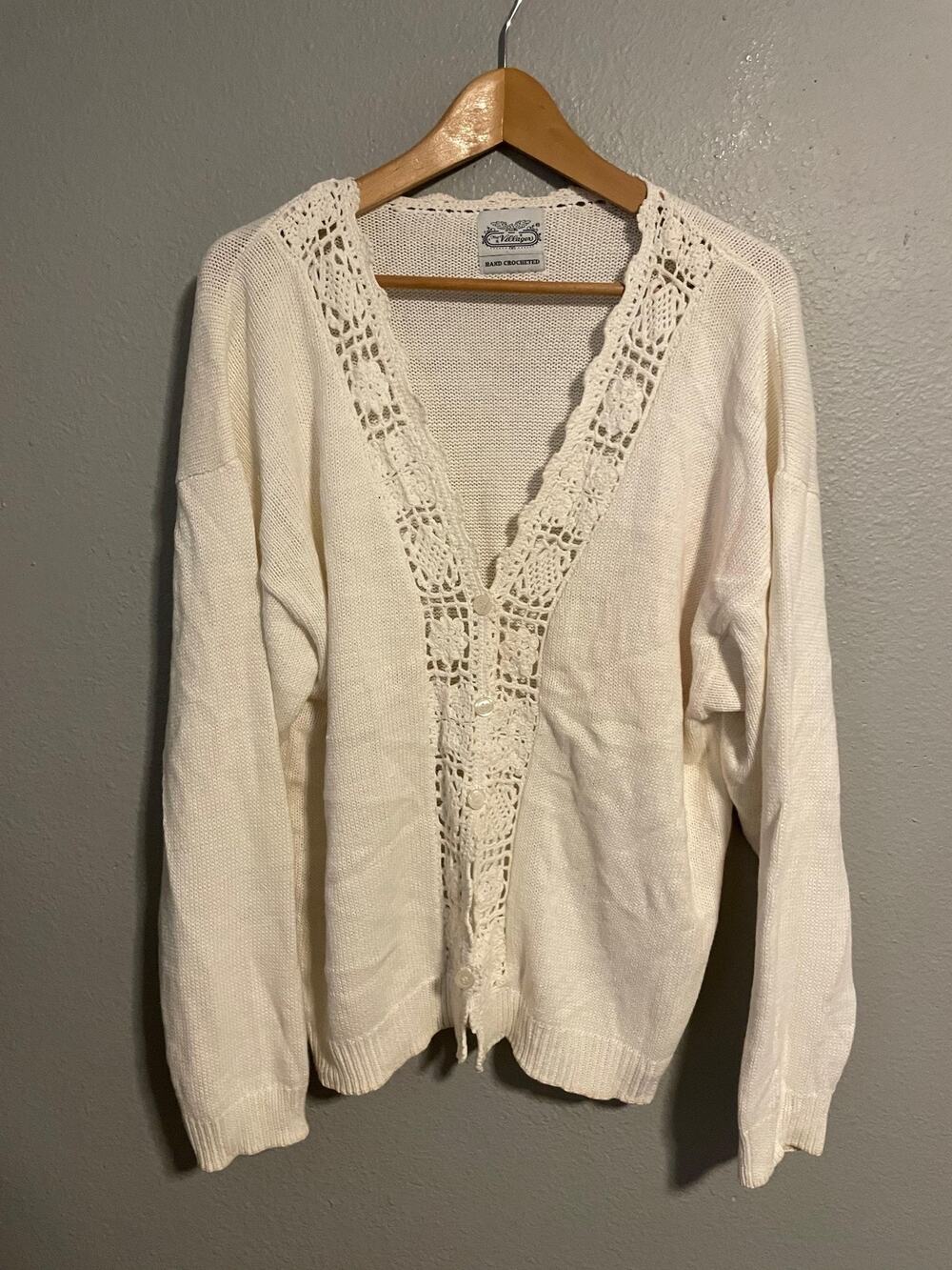 Vintage The Villager Cardigan Womens Medium White Hand Crochet Cottagecore READ